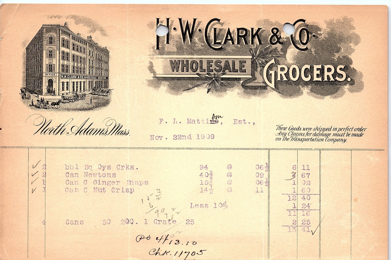1909 H.W. Clark & Co. Wholesale Grocers North Adams Billhead