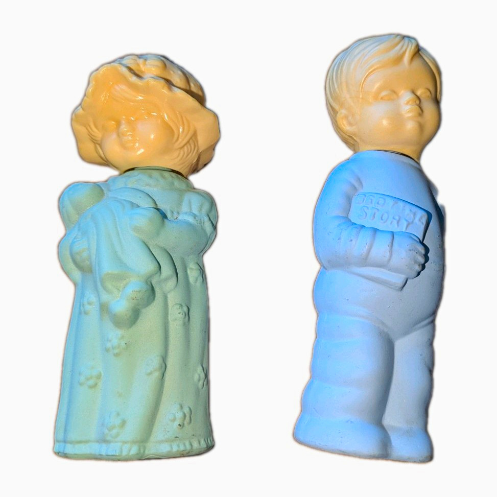 VINTAGE Avon 1970s Ceramic Kids Set of 2 Blue Green Beige Perfume Bottles
