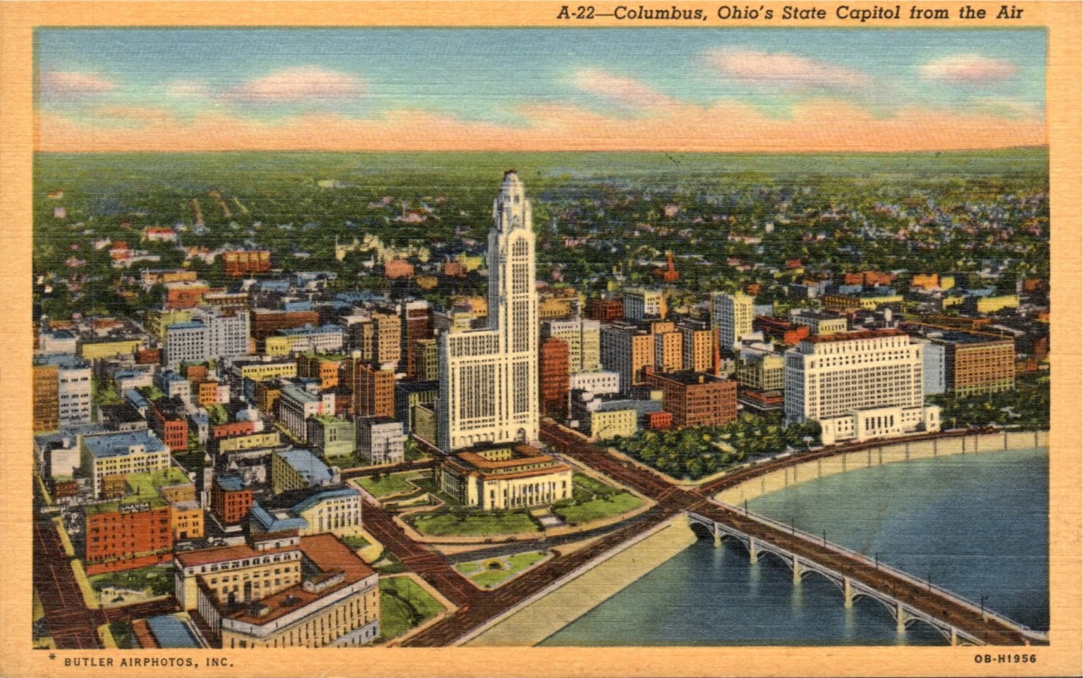 Columbus Ohio Aerial View LeVeque Tower State Capitol Curteich Postcard