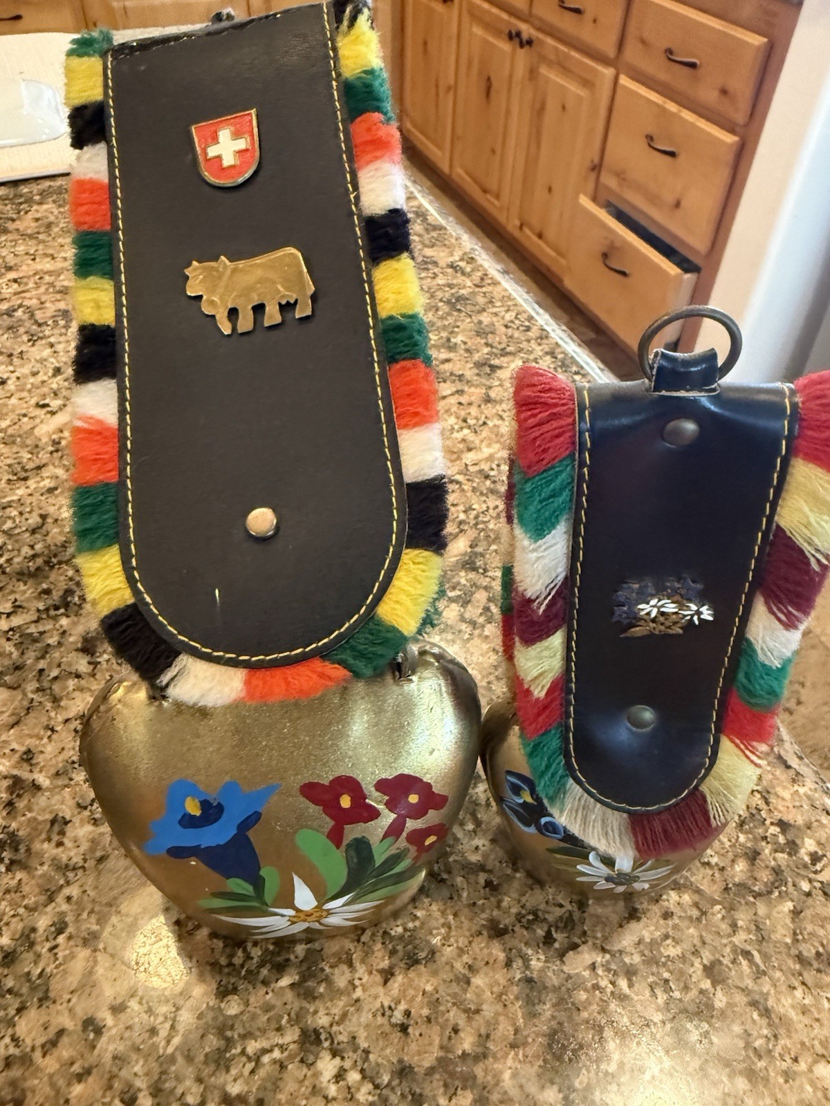 Vintage Swiss Cow Bells Pair – Brass, Painted Flowers & Swiss Crest