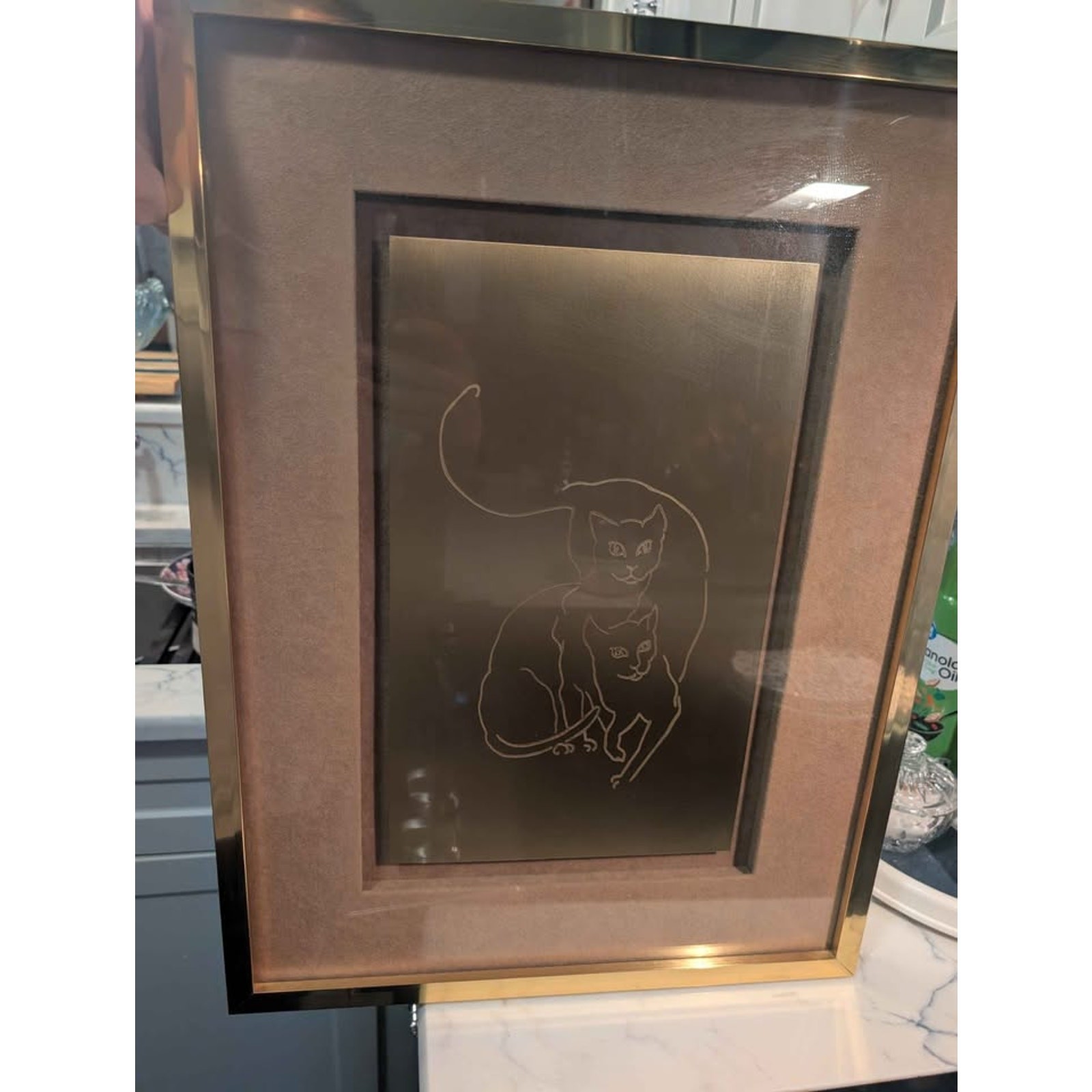 Vintage Harris G. Strong Etched Brass Cats Artwork  Framed Metal Relief Wall Art