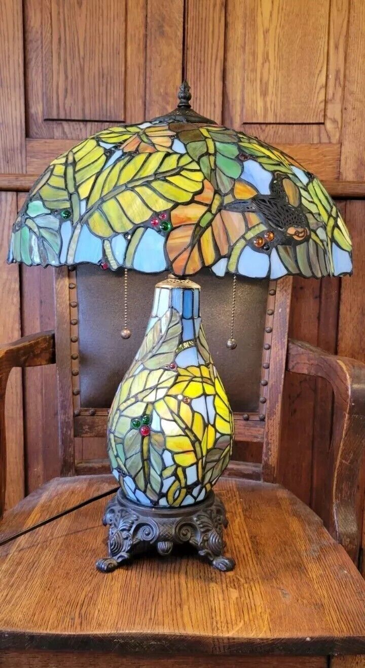 Large Tiffany Style Double Lit Lamp Colorful Blues Stained Glass Birds Leaves 