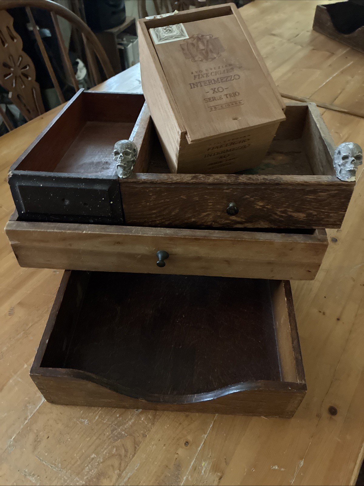 Vintage Rustic Wood Storage Lot – Distressed Drawers, Trays & Cigar Box 5pc