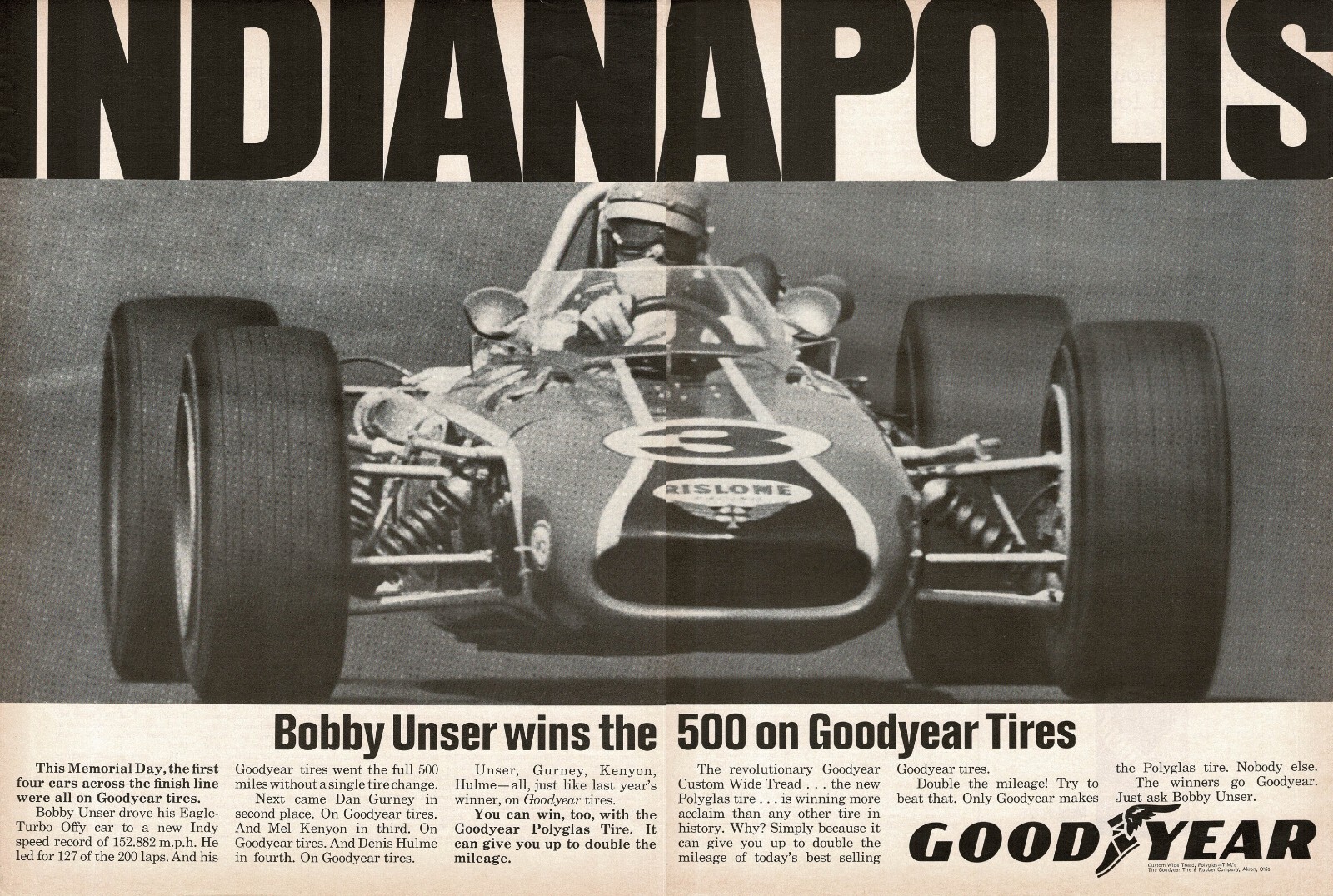 1968 GOODYEAR Tires BOBBY UNSER wins Indy 500 2-page Vintage Print Ad