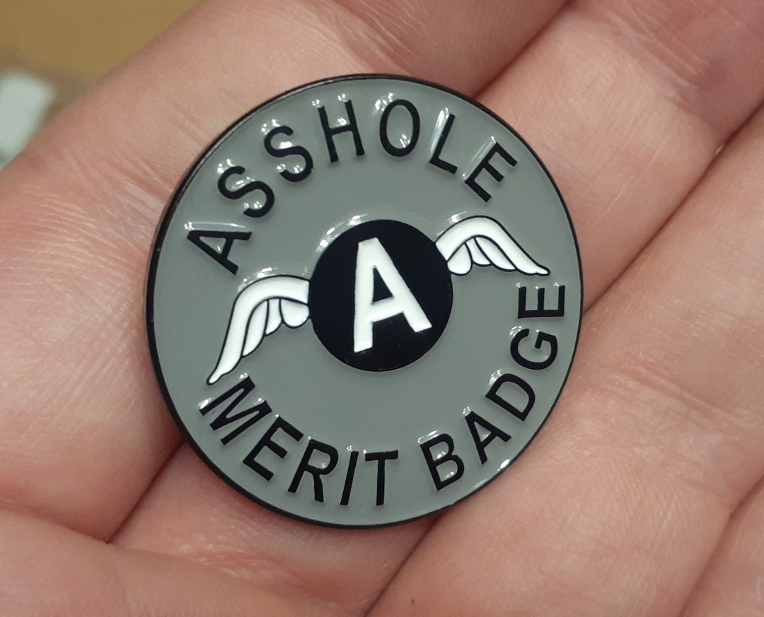 A*SHOLE MERIT BADGE Lapel Pin brooch a*s hole A wings enamel funny pinback Gray