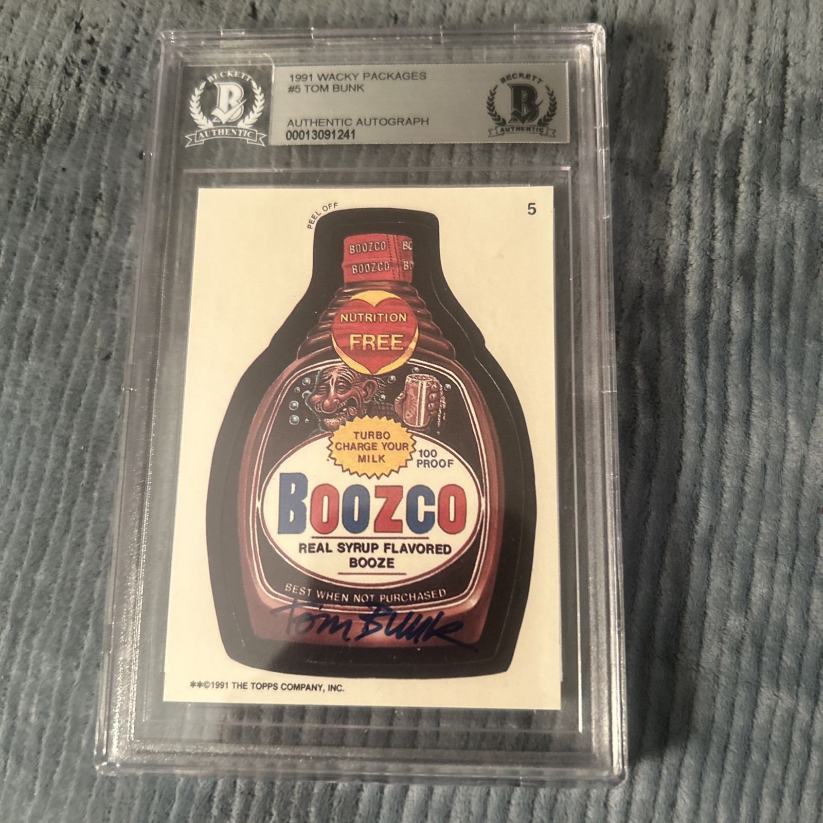Tom Bunk Signed 1991 Topps Wacky Packages Boozco Sticker #5 Beckett Slabbed