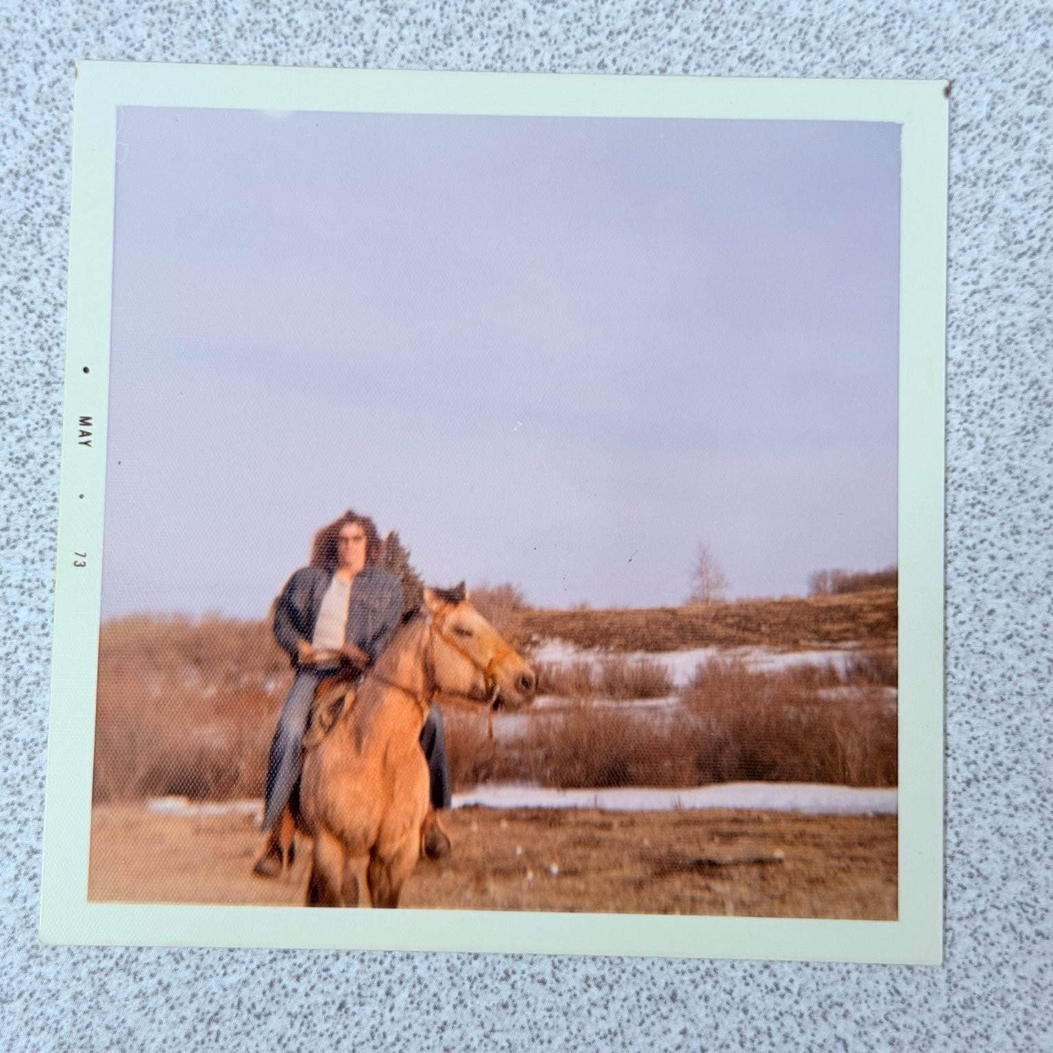 Woman on Horseback 1970s Snapshot Photograph Dated 1973 Rural Scene Woman on Horseback 1970s Snapshot Photograph Dated 1973 Rural Scene