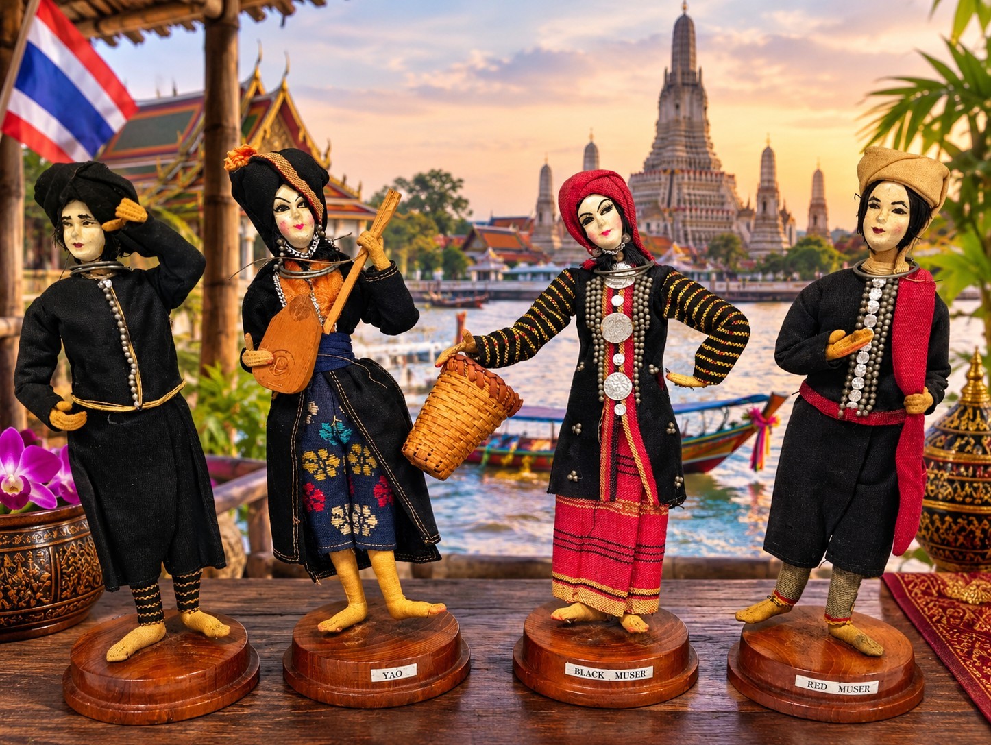 Chiangmai Doll Thai Traditional Costume Dolls Set of 9 on Wooden Bases