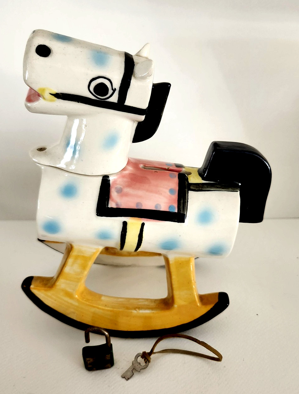 Vtg. Ceramic Hand Painted  Rocking Horse Bank , Lock & Key , Japan 8