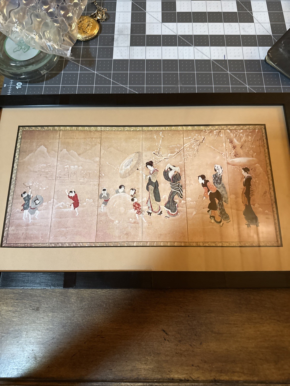 Vintage Japanese Geisha Kimono Winter Snow Scene Framed Asian Wall Art Print