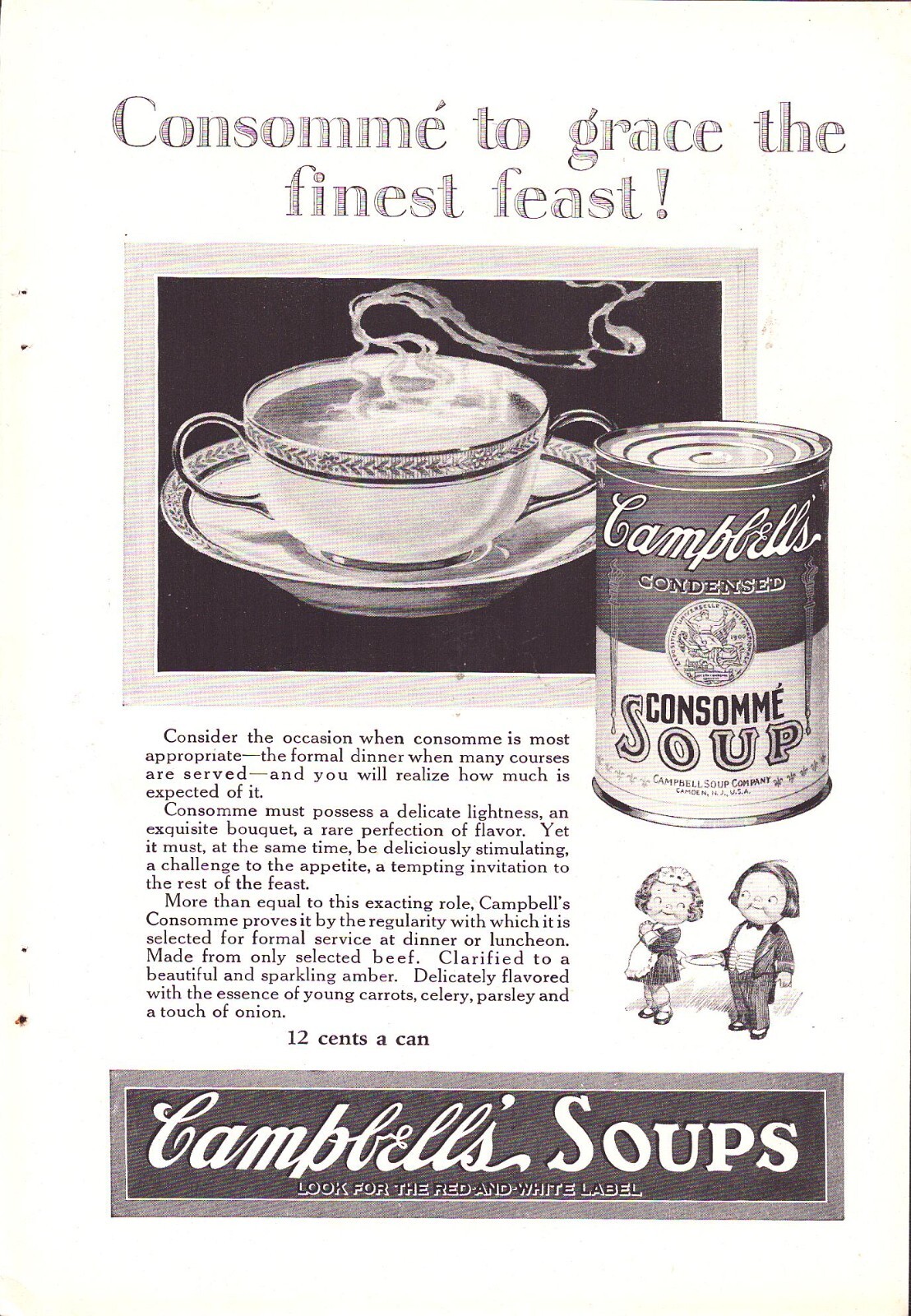 1925 Campbell\'s Consommé Soup/AT&T Bell System Print Ad Give Us Telephones