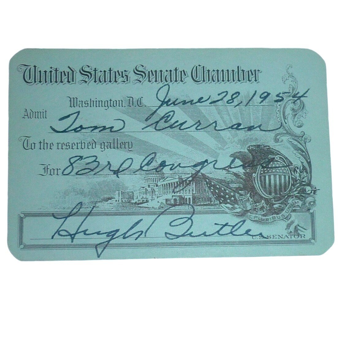 Vintage 1954 US Senate Chamber Reserved Gallery Pass 83rd Congress Hugh Butler