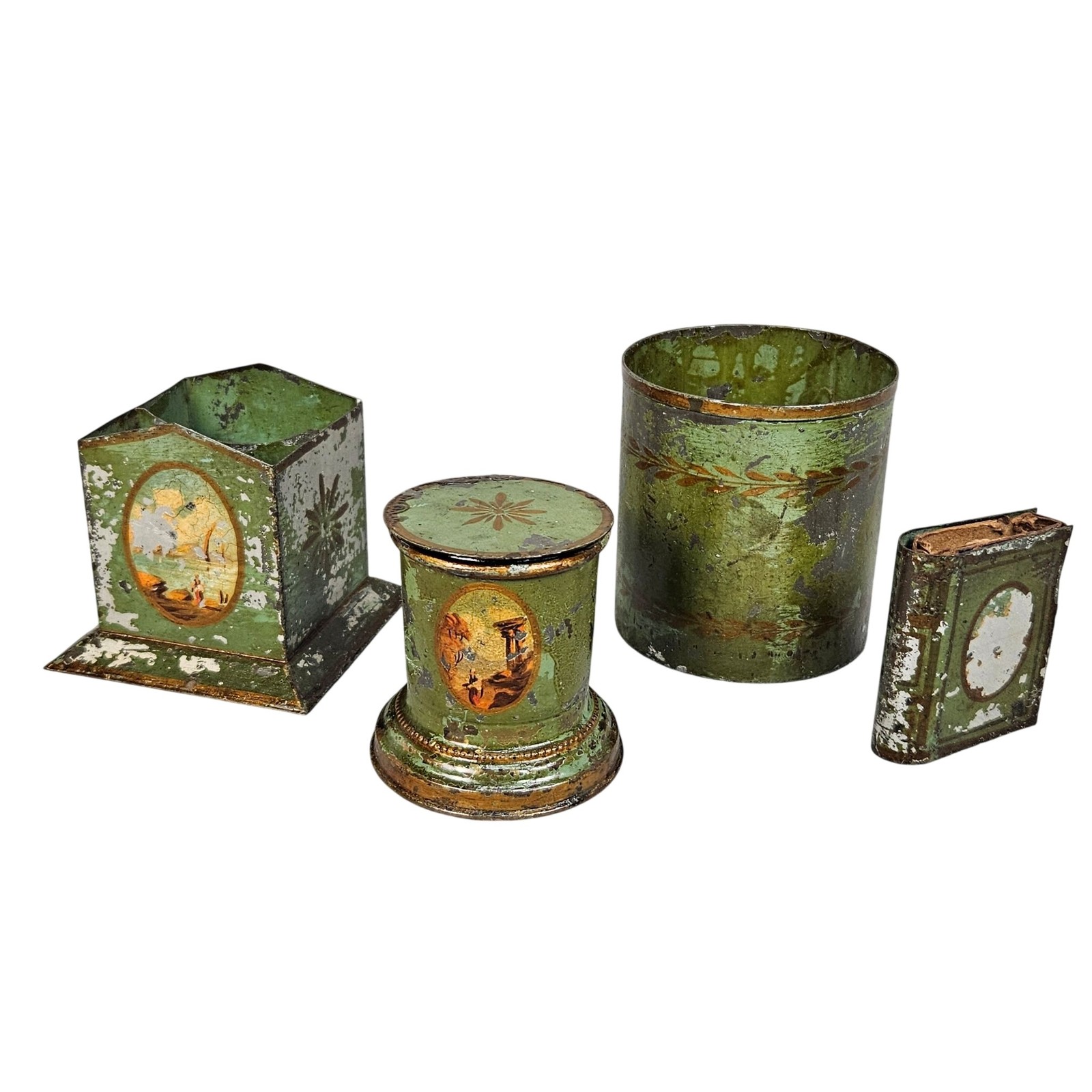 Vintage Green Hand Painted Decorative Tin Humidor Desk Set