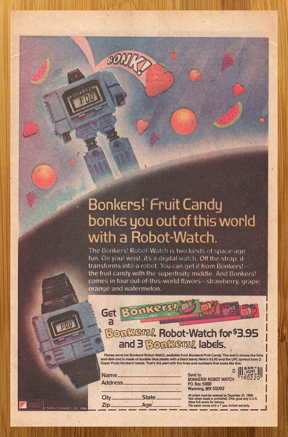1986 Bonkers Candy Robot Watch Vintage Print Ad/Poster Authentic Retro Pop Art