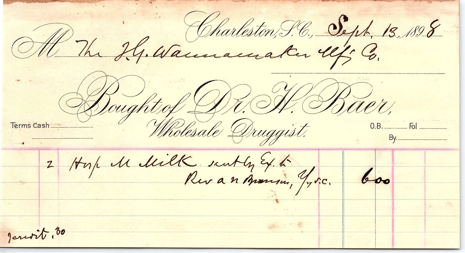 1898 Dr. H. Baer Charleston SC Wholesale Druggist Billhead