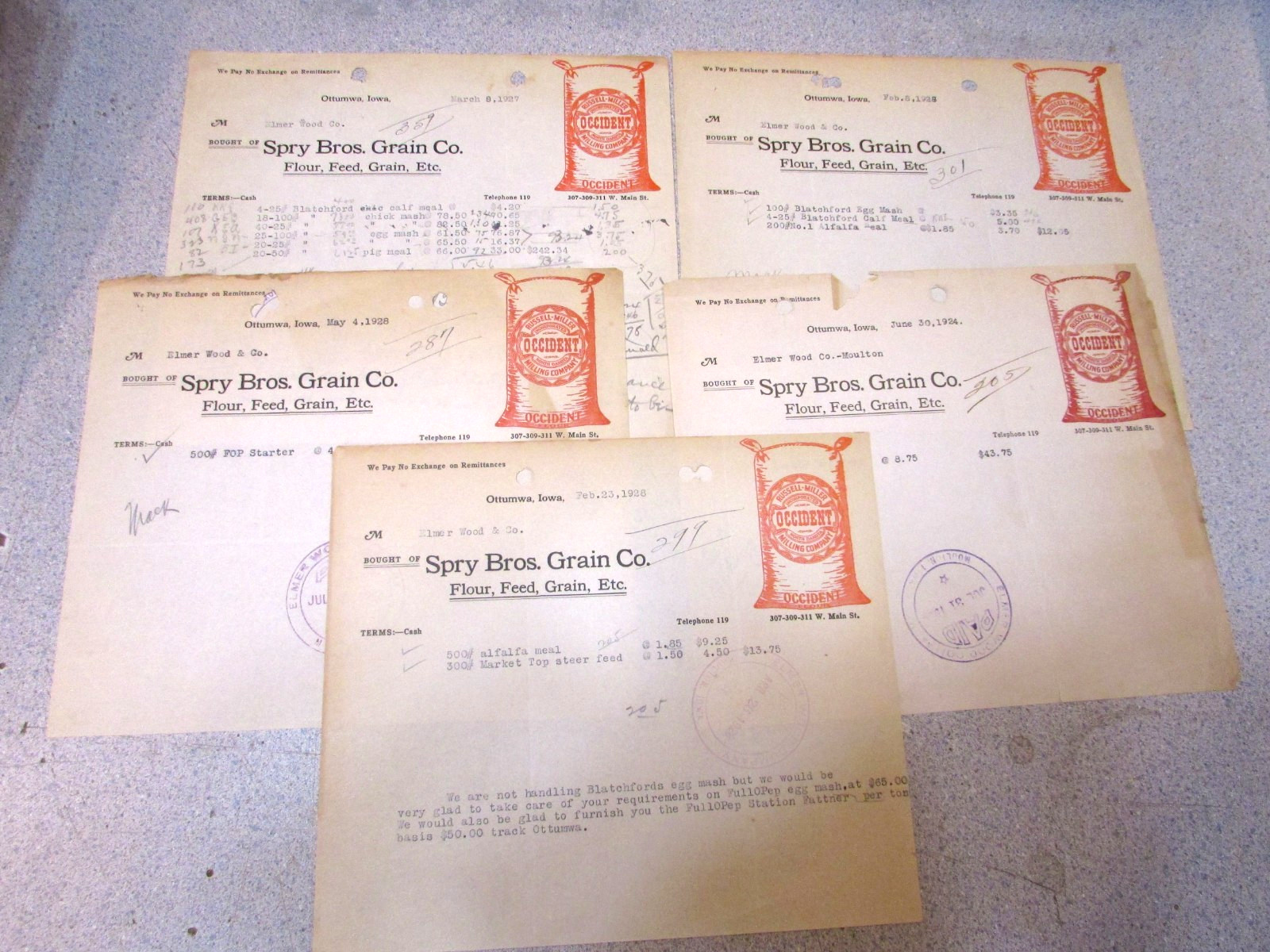 Five Antique 1924-1928 Spry Brothers Grain Ottumwa IA 7.25 Five Antique 1924-1928 Spry Brothers Grain Ottumwa IA 7.25