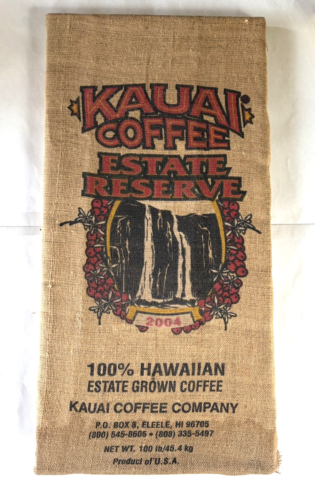 Kauai Coffee Bean Burlap Bag Estate Reserve 2004 Mounted on Frame 18” X 36” Kauai Coffee Bean Burlap Bag Estate Reserve 2004 Mounted on Frame 18” X 36”