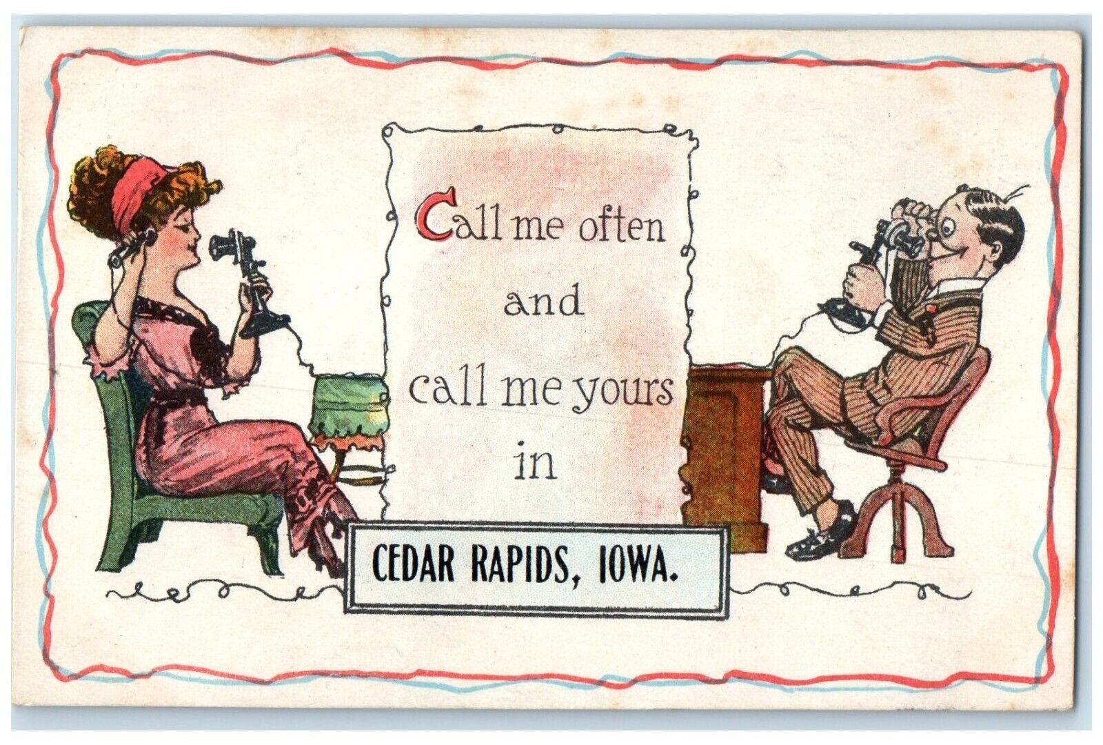 1915 Call Me Often Call Me Yours Telephone Couple Cedar Rapids Iowa IA Postcard