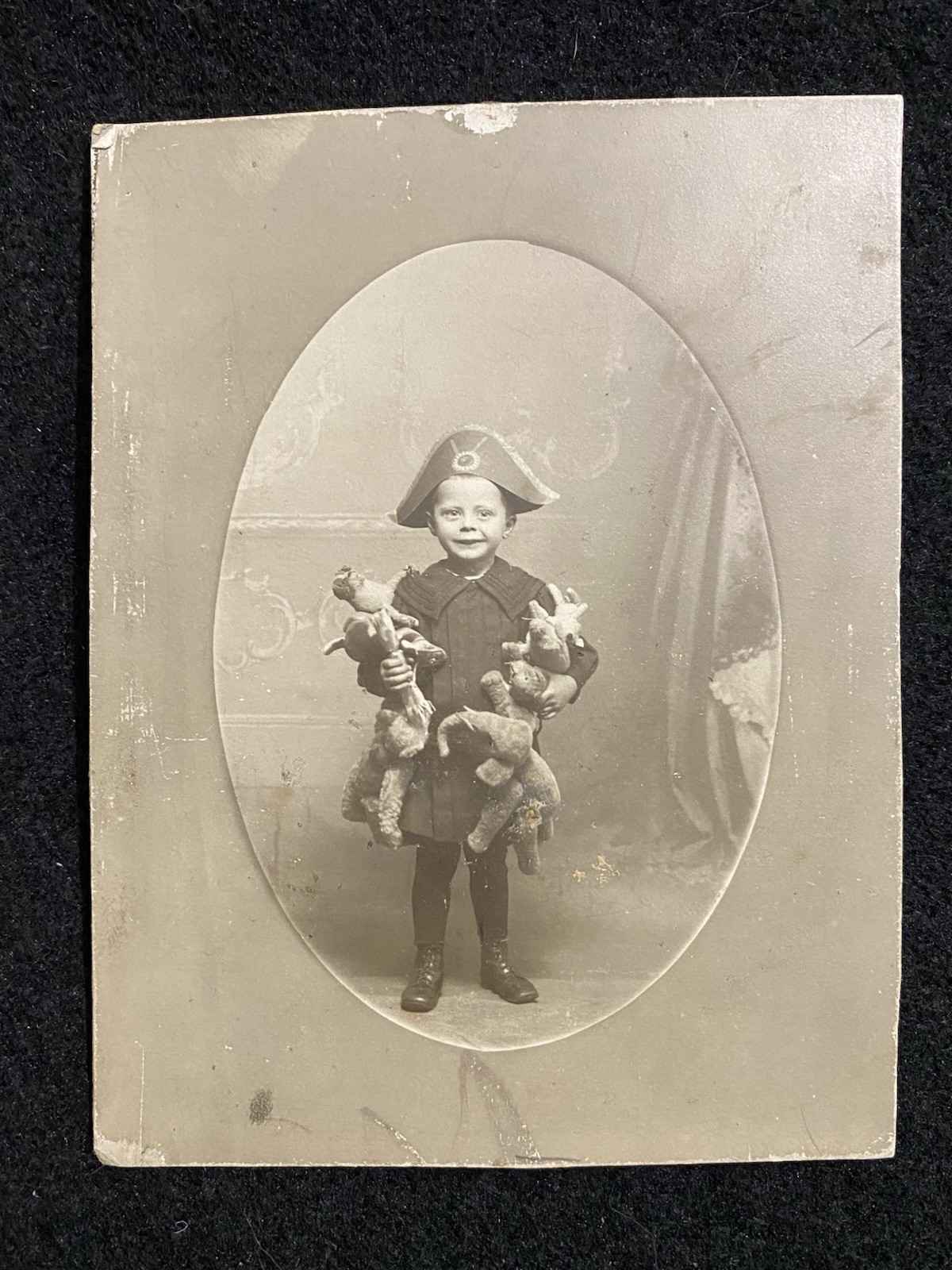 Cute Child With Hat And Stuffed Animal Toy Elephant Antique Cabinet Photo