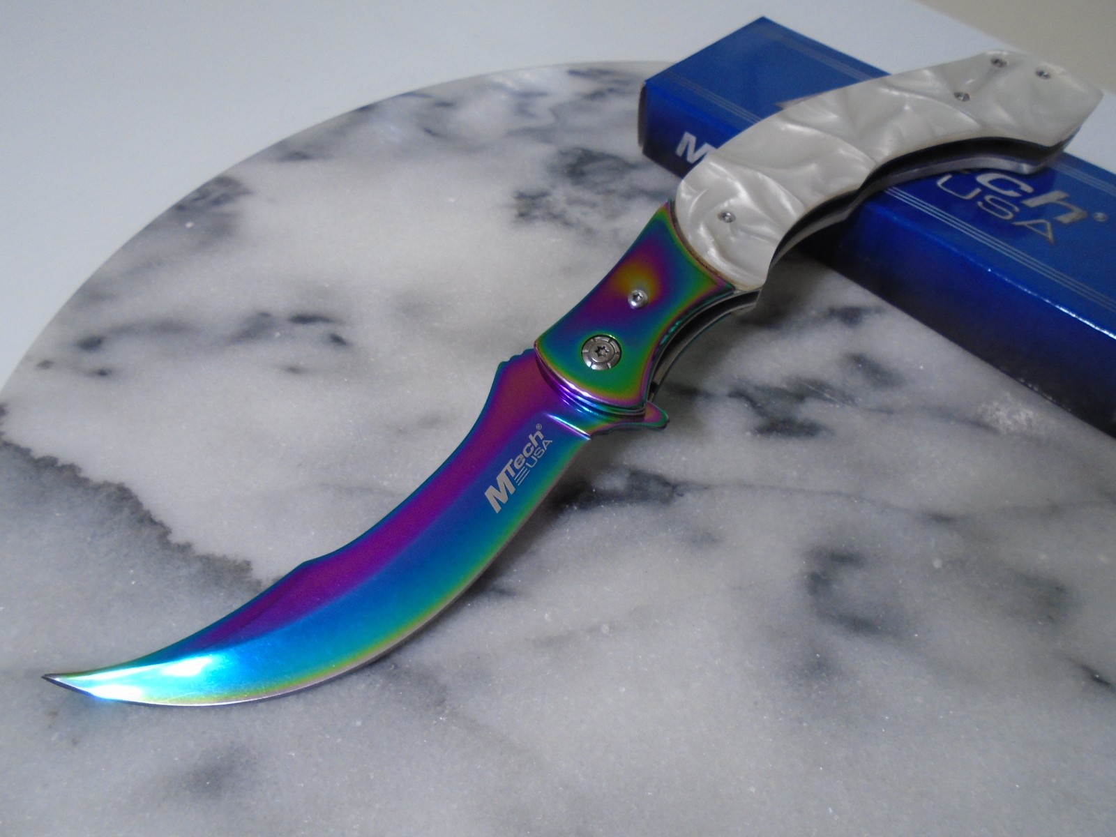 Mtech Assisted Open Scimitar Pocket Knife Vibrant Pearl Big Upswept Folder New Mtech Assisted Open Scimitar Pocket Knife Vibrant Pearl Big Upswept Folder New
