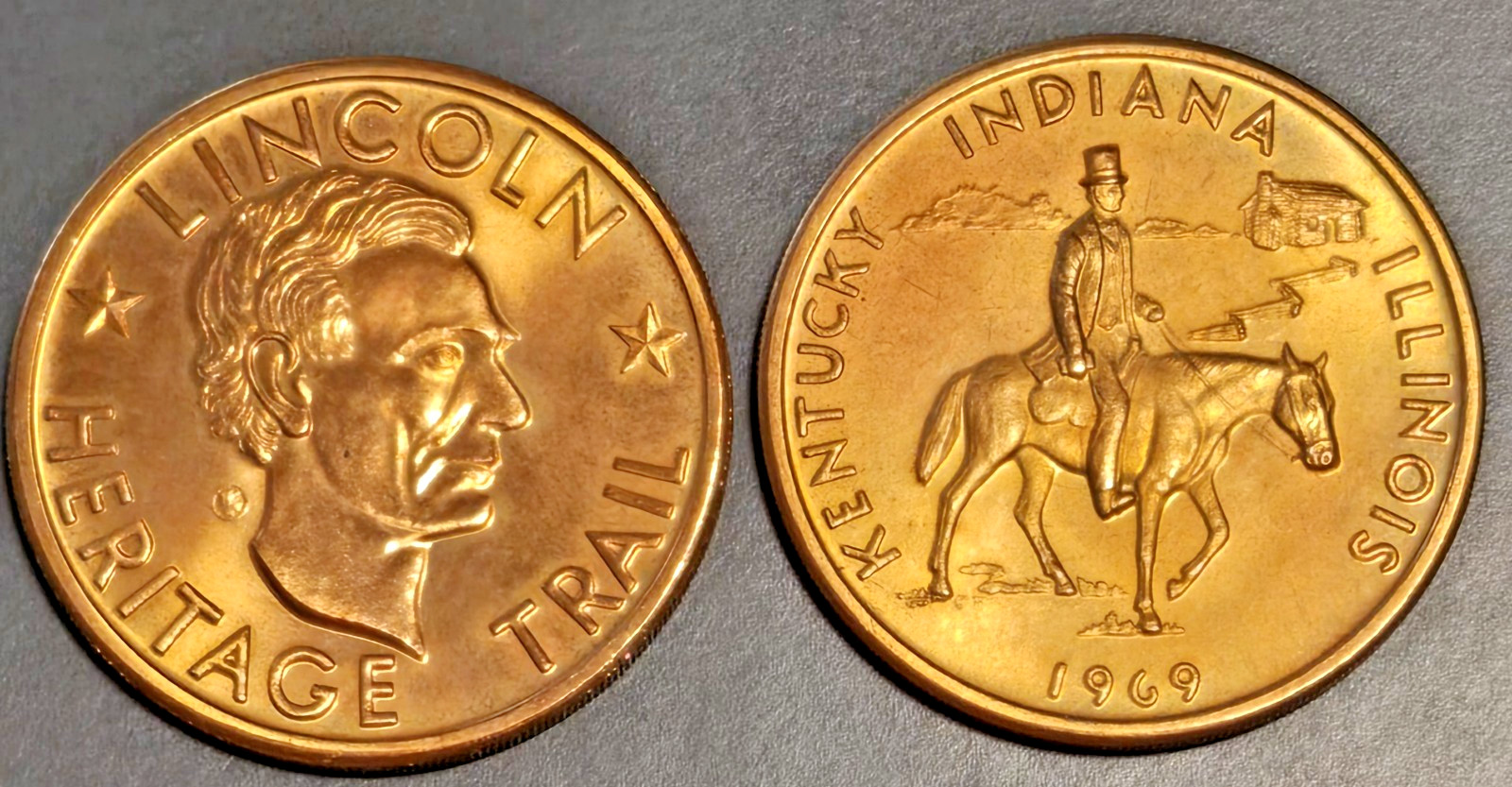 Vintage ABRAHAM LINCOLN 1969 BRASS MEDAL /COIN - KY, IN & IL Heritage Trail