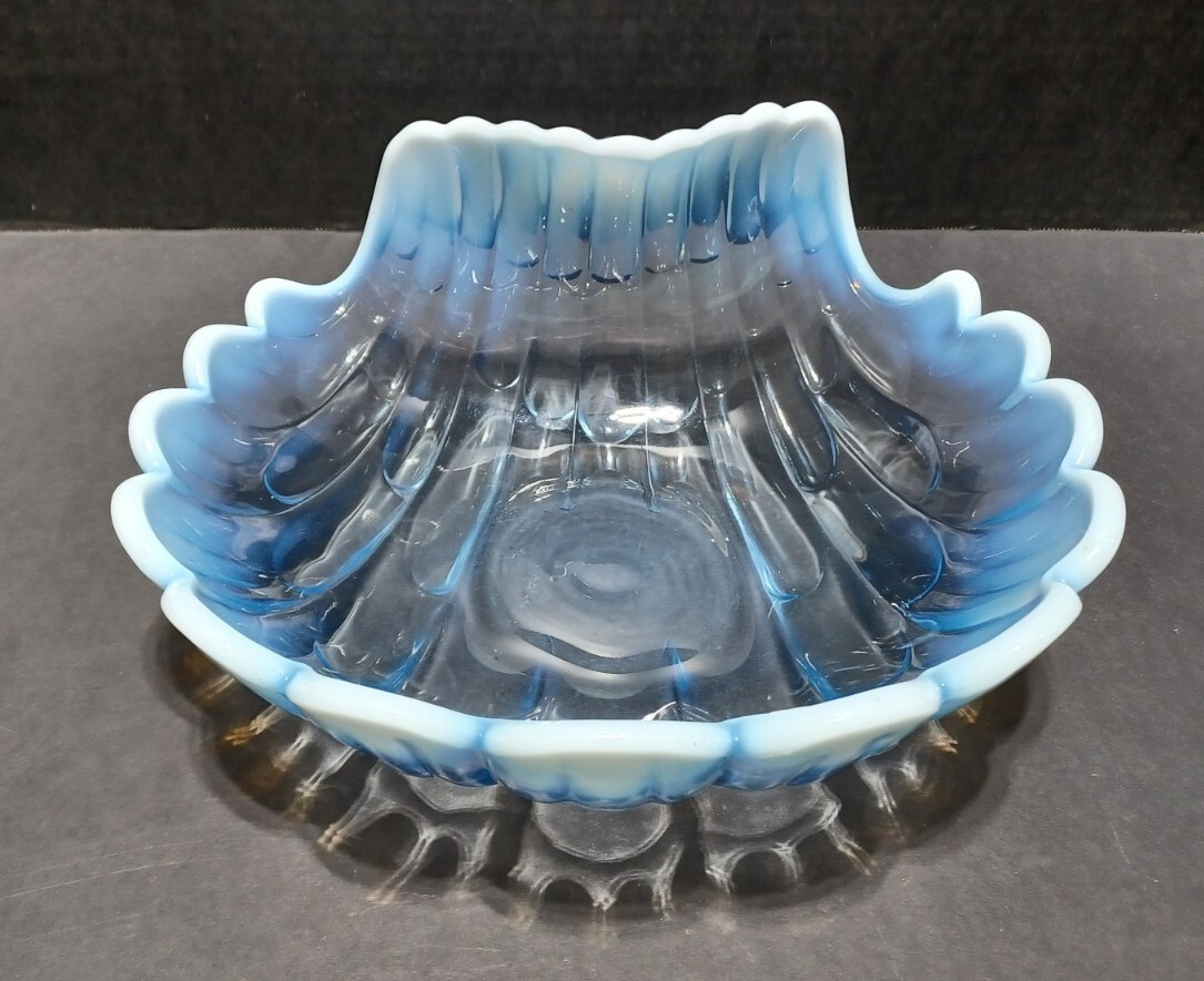 Gorgeous Duncan and Miller Glass Blue Opalescent Large Scalloped Shell Bowl 