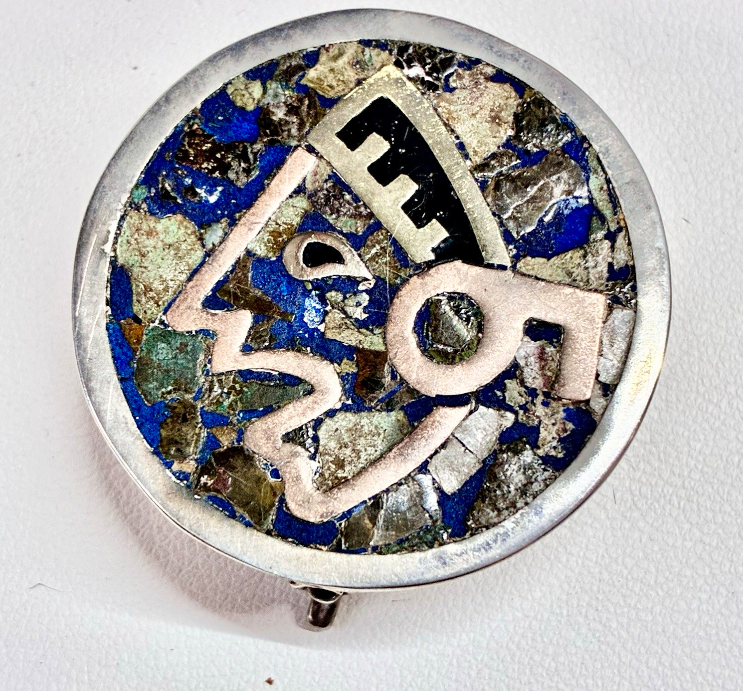Sterling Silver Vintage Mexico Taxco Round Hinged Pill Box Mosaic Inlay Sterling Silver Vintage Mexico Taxco Round Hinged Pill Box Mosaic Inlay