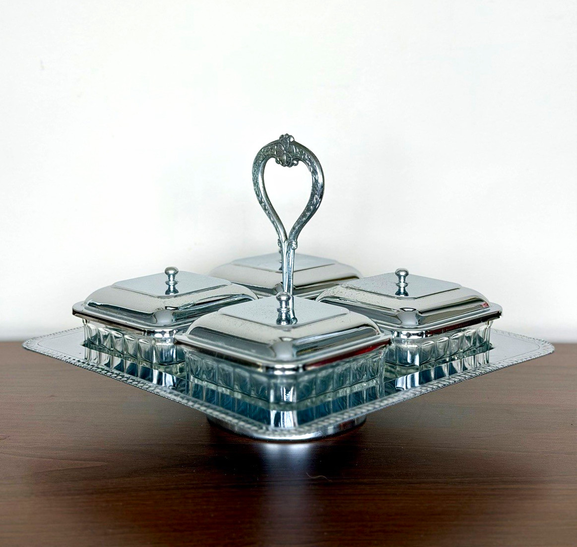 Vintage MCM Hollywood Regency Condiment Server 4 Glass Dishes Pedestal Tray Vintage MCM Hollywood Regency Condiment Server 4 Glass Dishes Pedestal Tray