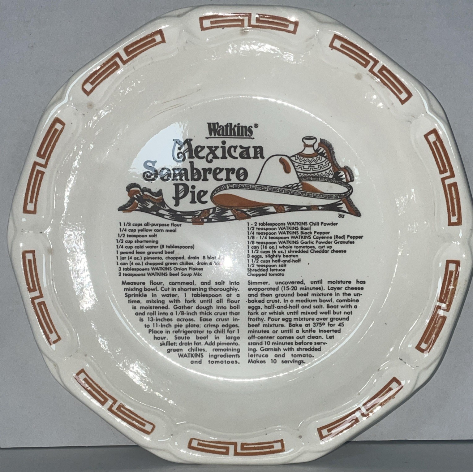 1983 Watkins Mexican Sombrero Pie Recipe Ceramic Pie Plate Vintage USA