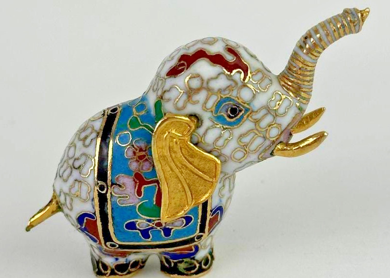 Vintage Chinese Cloisonne Enamel Miniature Elephant Figurine Trunk Up 2\