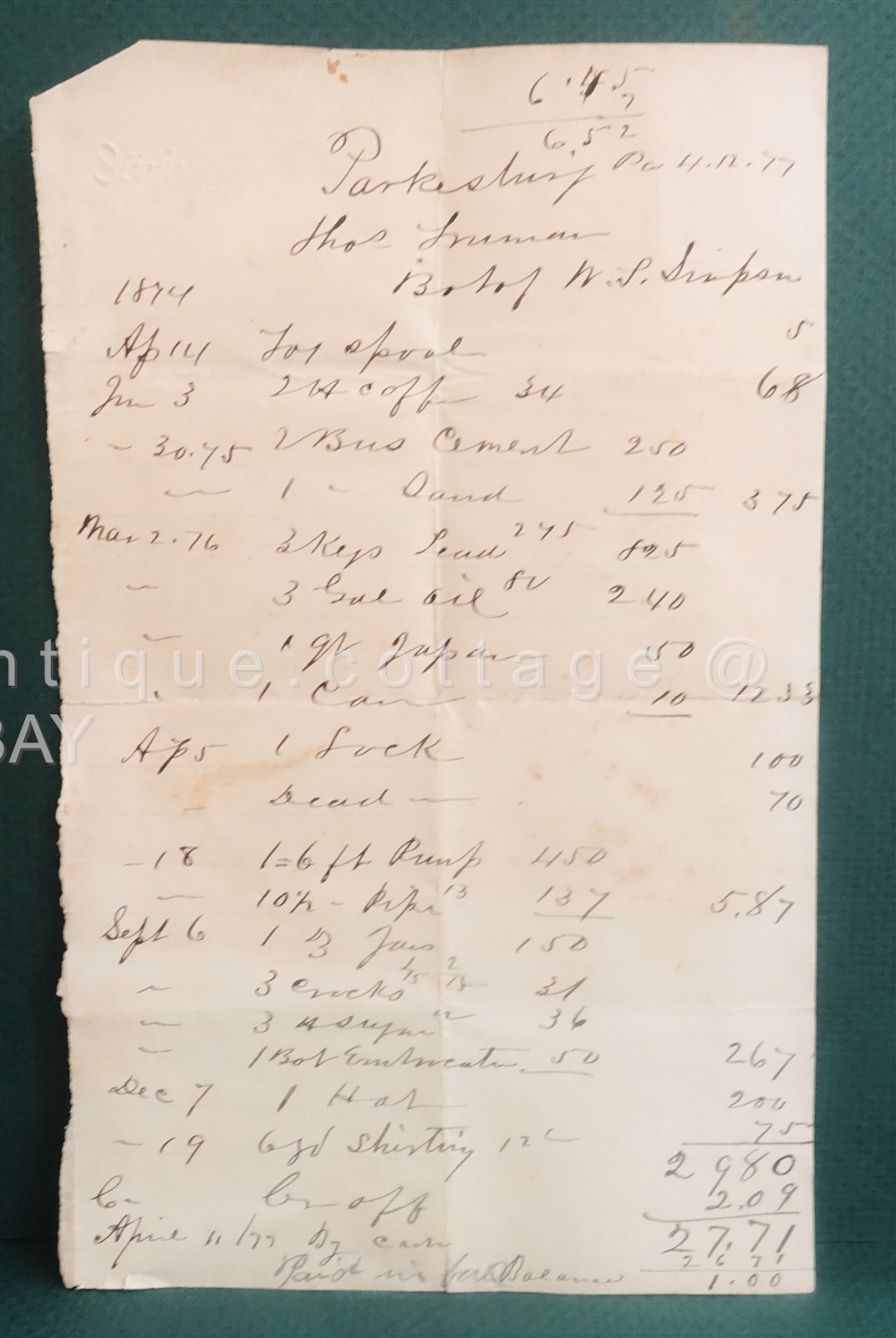 1877 antique HANDWRITTEN JOURNAL PRICES of THOS TRUMAN bot of W. L. SIMPSON