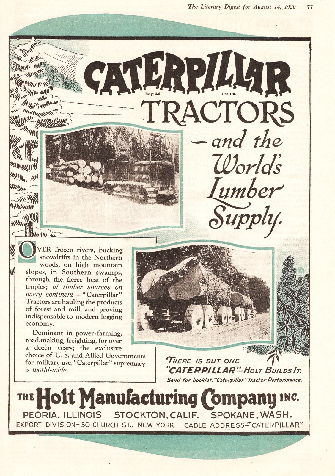 ORIGINAL 1920 Caterpillar Tractors Holt Mfg Co World\'s Lumber Peoria Stockton Ad ORIGINAL 1920 Caterpillar Tractors Holt Mfg Co World\'s Lumber Peoria Stockton Ad