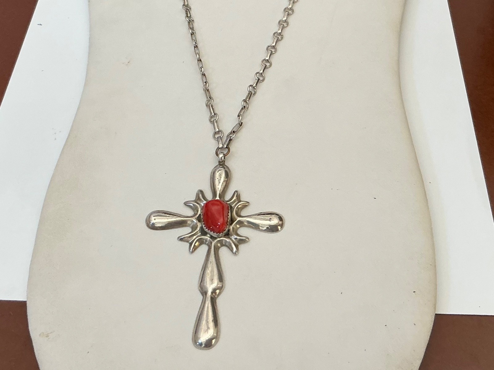 VTG Native American Sterling Silver Lg Stylized Cross w/Red Coral and 28\ VTG Native American Sterling Silver Lg Stylized Cross w/Red Coral and 28\