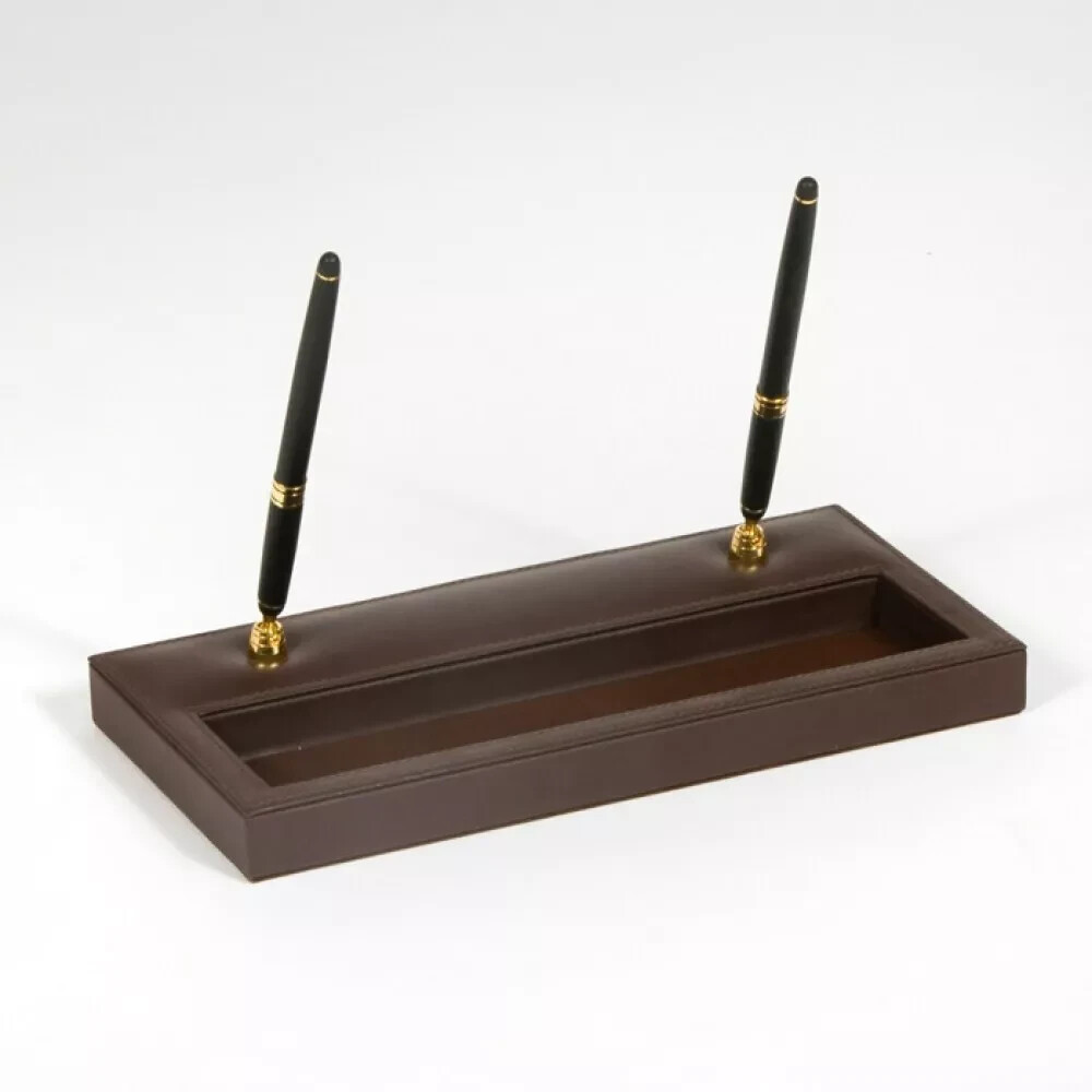 Leather Double Pen Stand (Chocolate Brown/Gold)