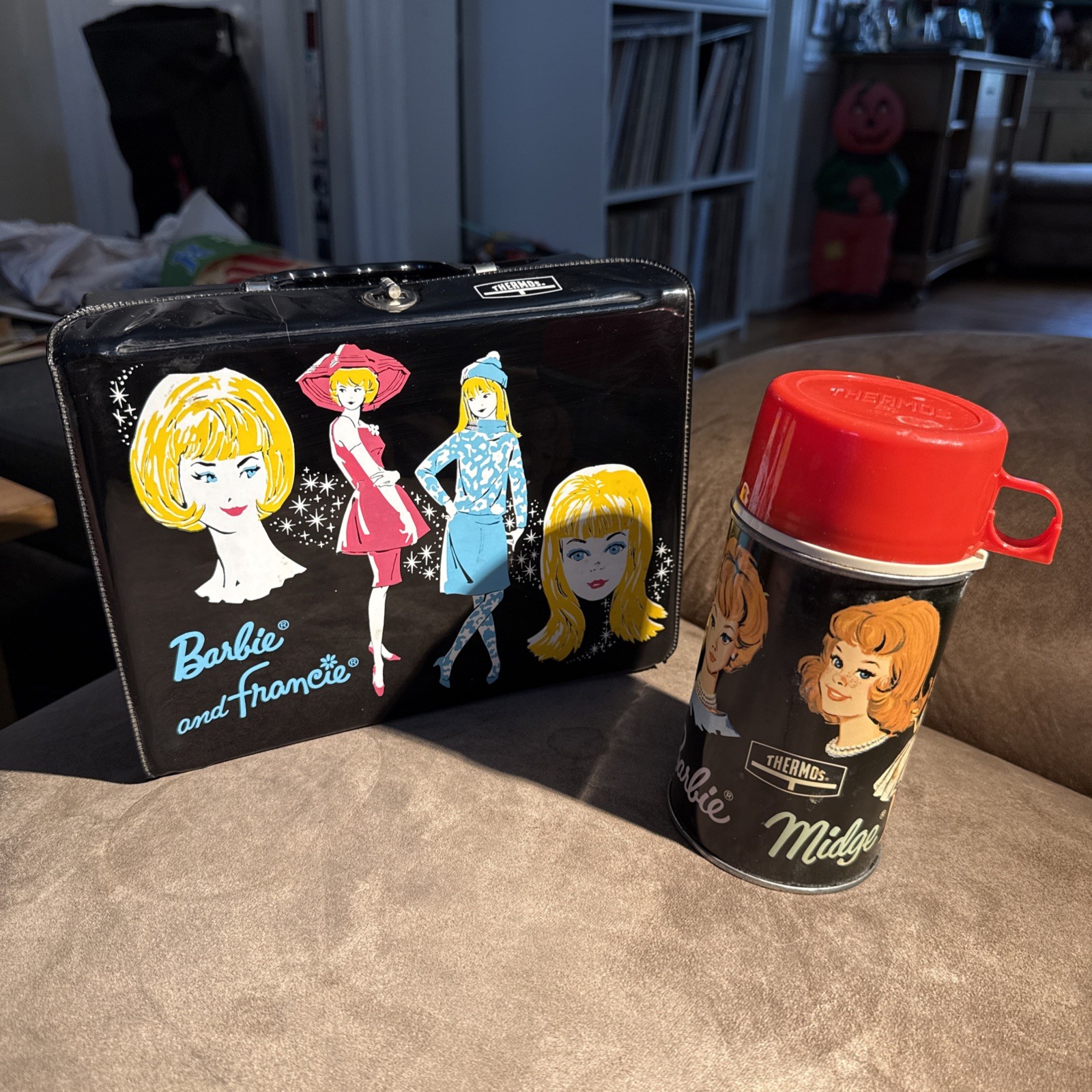 Thermos Barbie Midge Skipper & Francie Black Vinyl Lunchbox & Thermos Set 1965