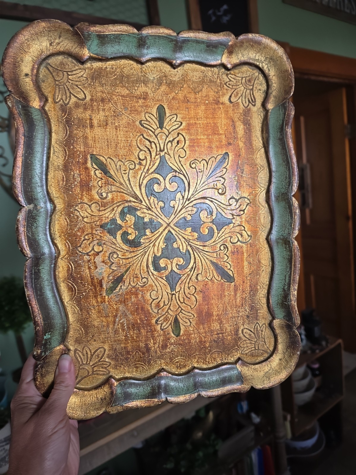 Large Vintage Italian Florentine Wood Serving Tray - Green and Gold Gilt Large Vintage Italian Florentine Wood Serving Tray - Green and Gold Gilt