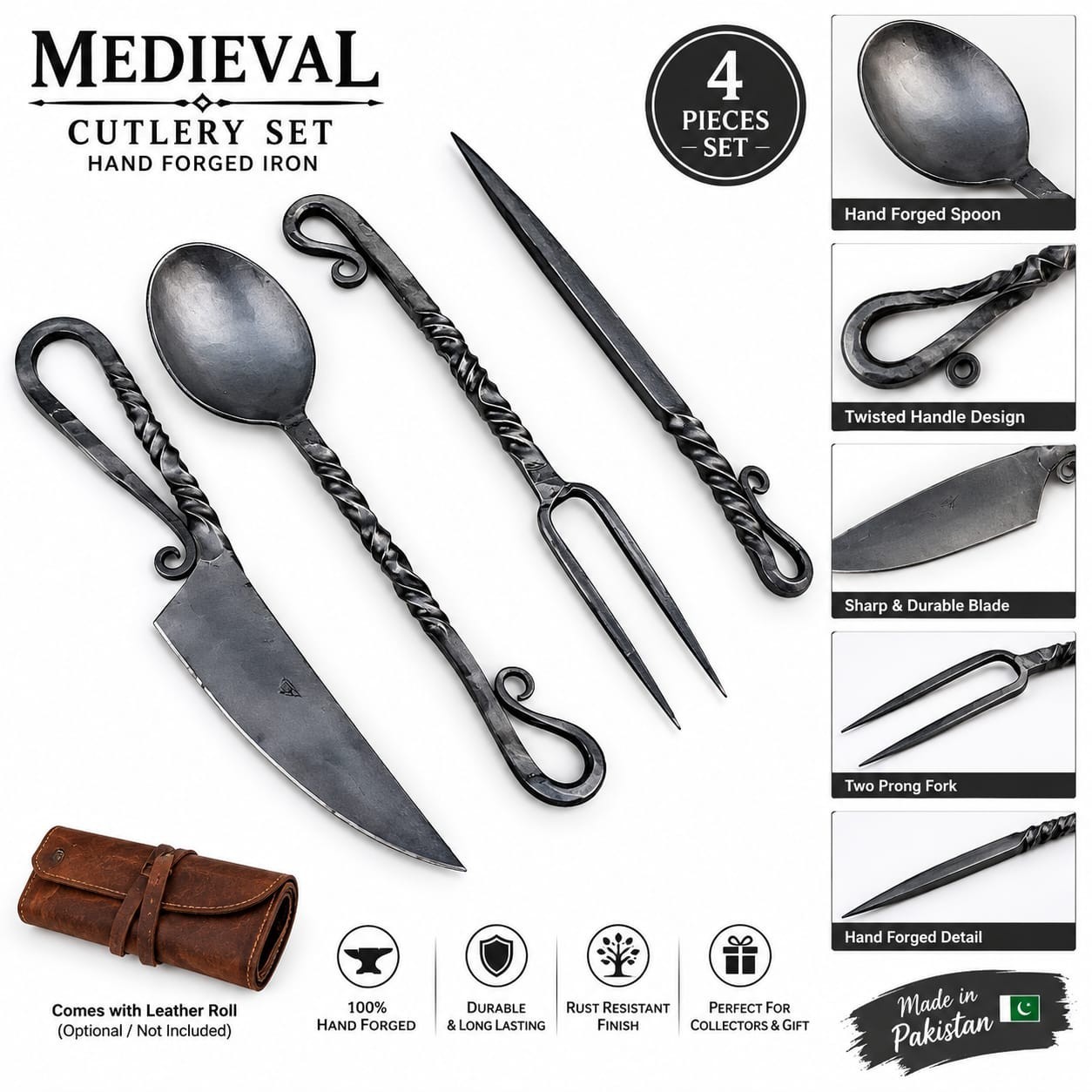 Medieval Hand Forged Iron Cutlery Set 4 Piece Rustic Spoon Fork Knife Twisted Medieval Hand Forged Iron Cutlery Set 4 Piece Rustic Spoon Fork Knife Twisted