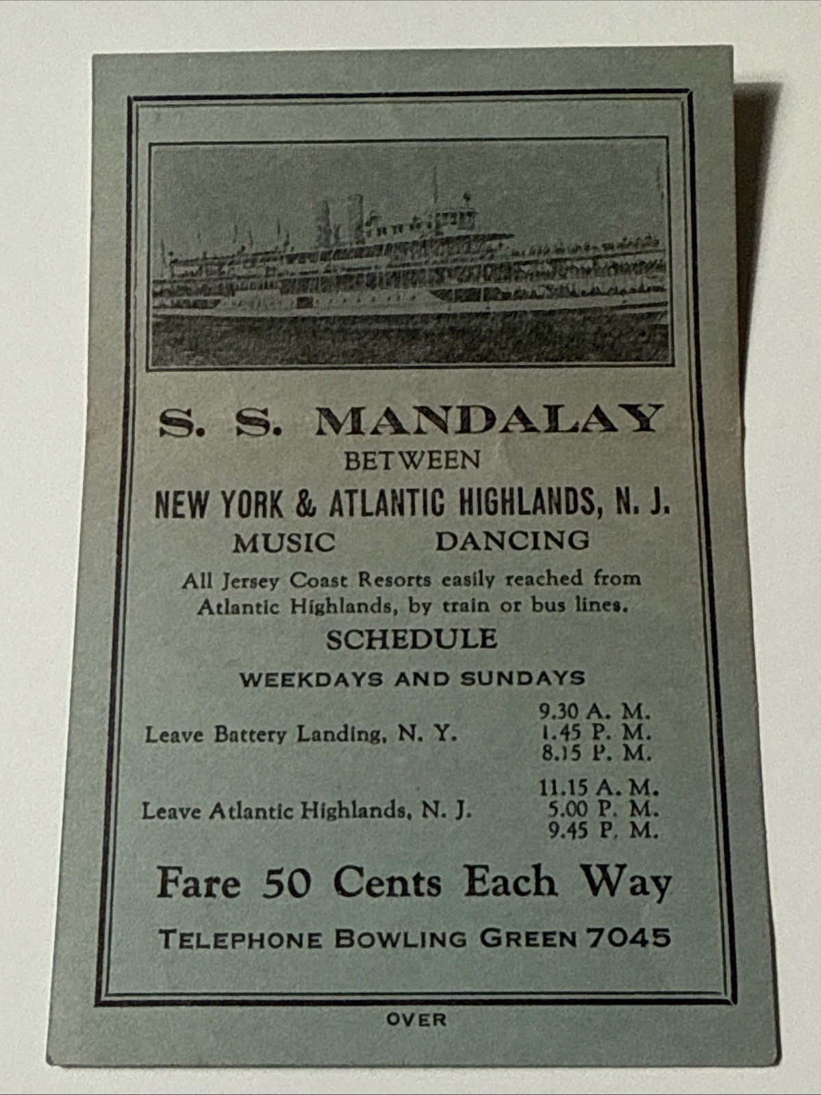 1920s S.S. Mandalay Ship New York & Atlantic Highlands N.J. Vtg Schedule