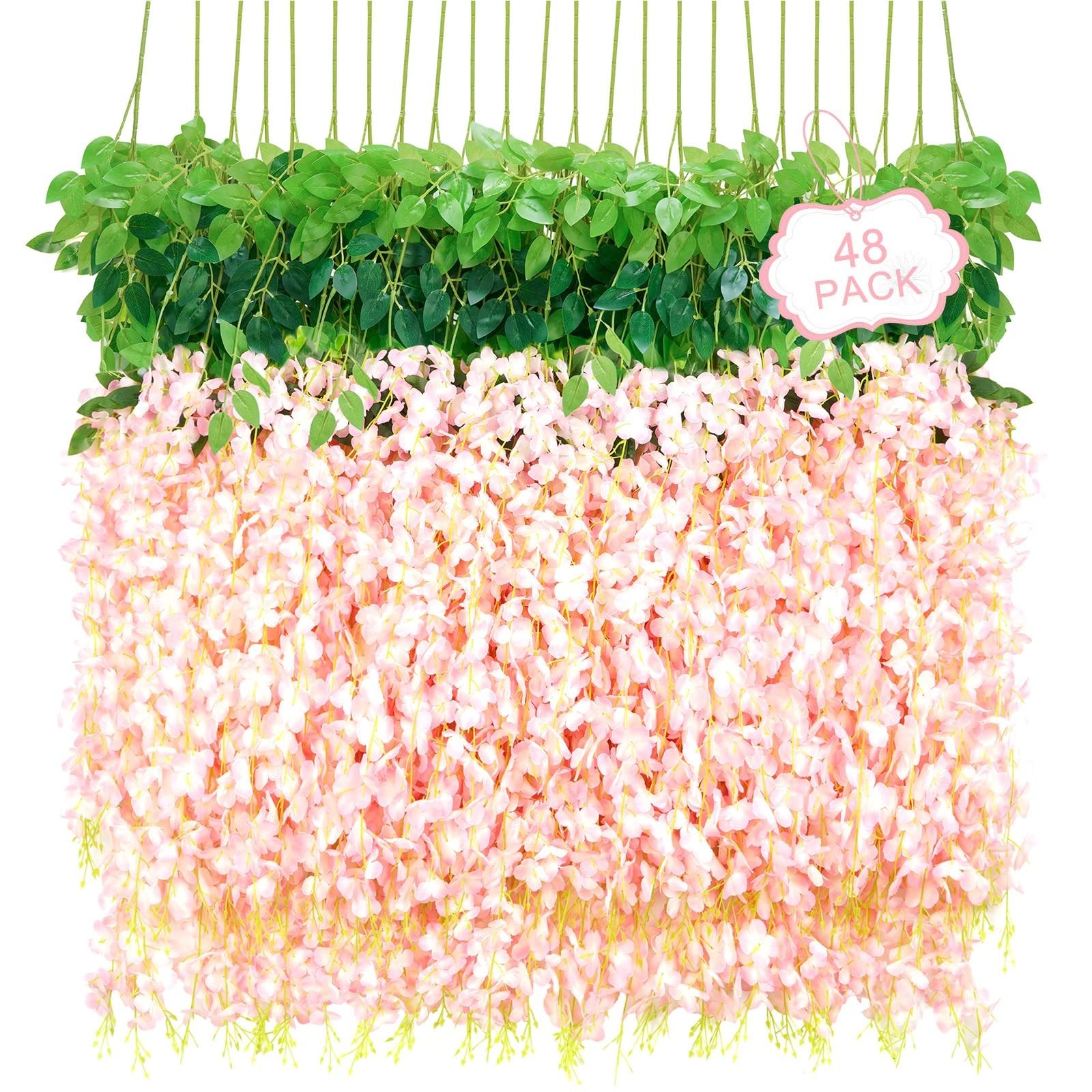 48Pcs Artificial Wisteria Hanging Flowers, 3.6Ft/Pcs Pink Fake Wisteria Garla... 48Pcs Artificial Wisteria Hanging Flowers, 3.6Ft/Pcs Pink Fake Wisteria Garla...