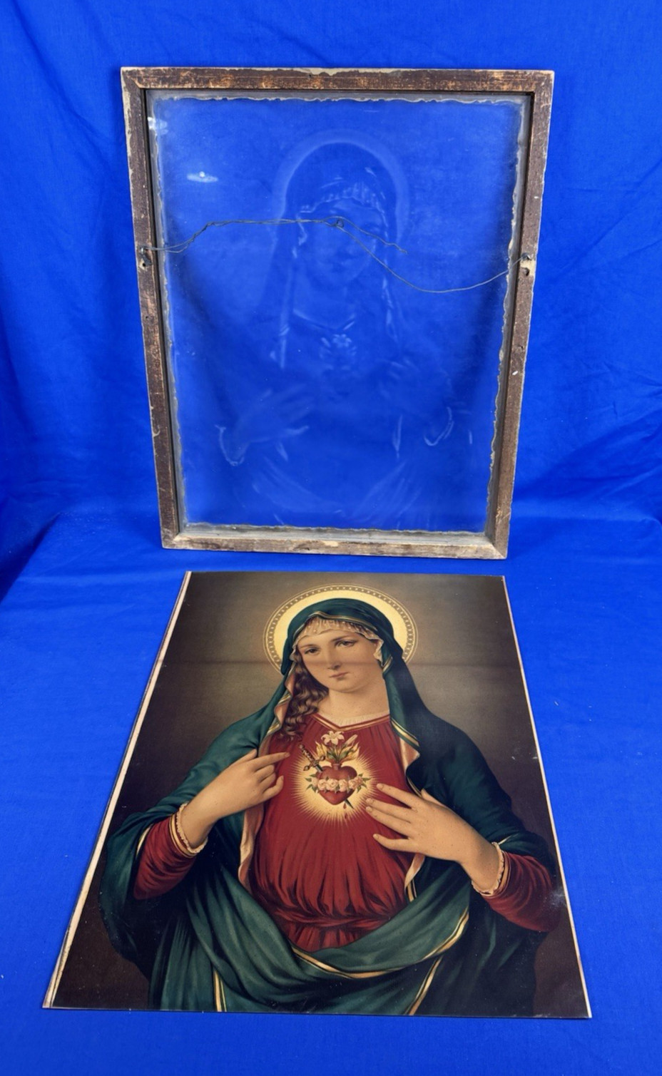 C1880 Immaculate Heart of MARY Lithograph w/ Original Frame, GHOSTLY GLASS Image