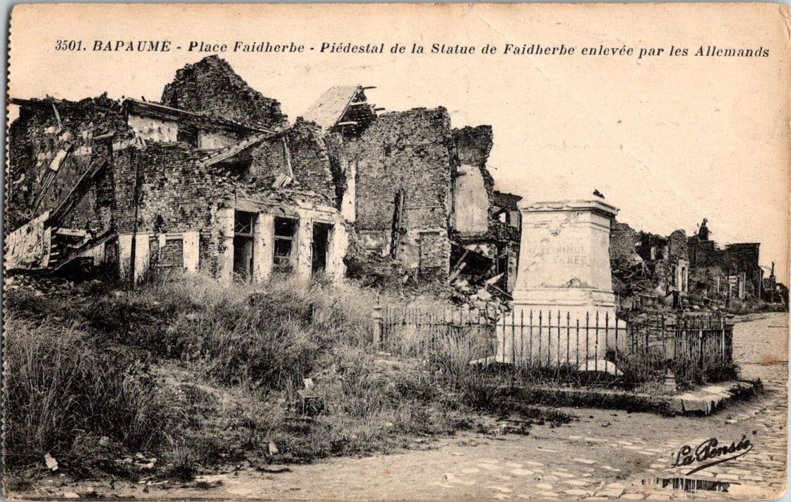 Bapaume France WWI Ruins Place Faidherbe Statue Pedestal La Pensée Postcard Bapaume France WWI Ruins Place Faidherbe Statue Pedestal La Pensée Postcard