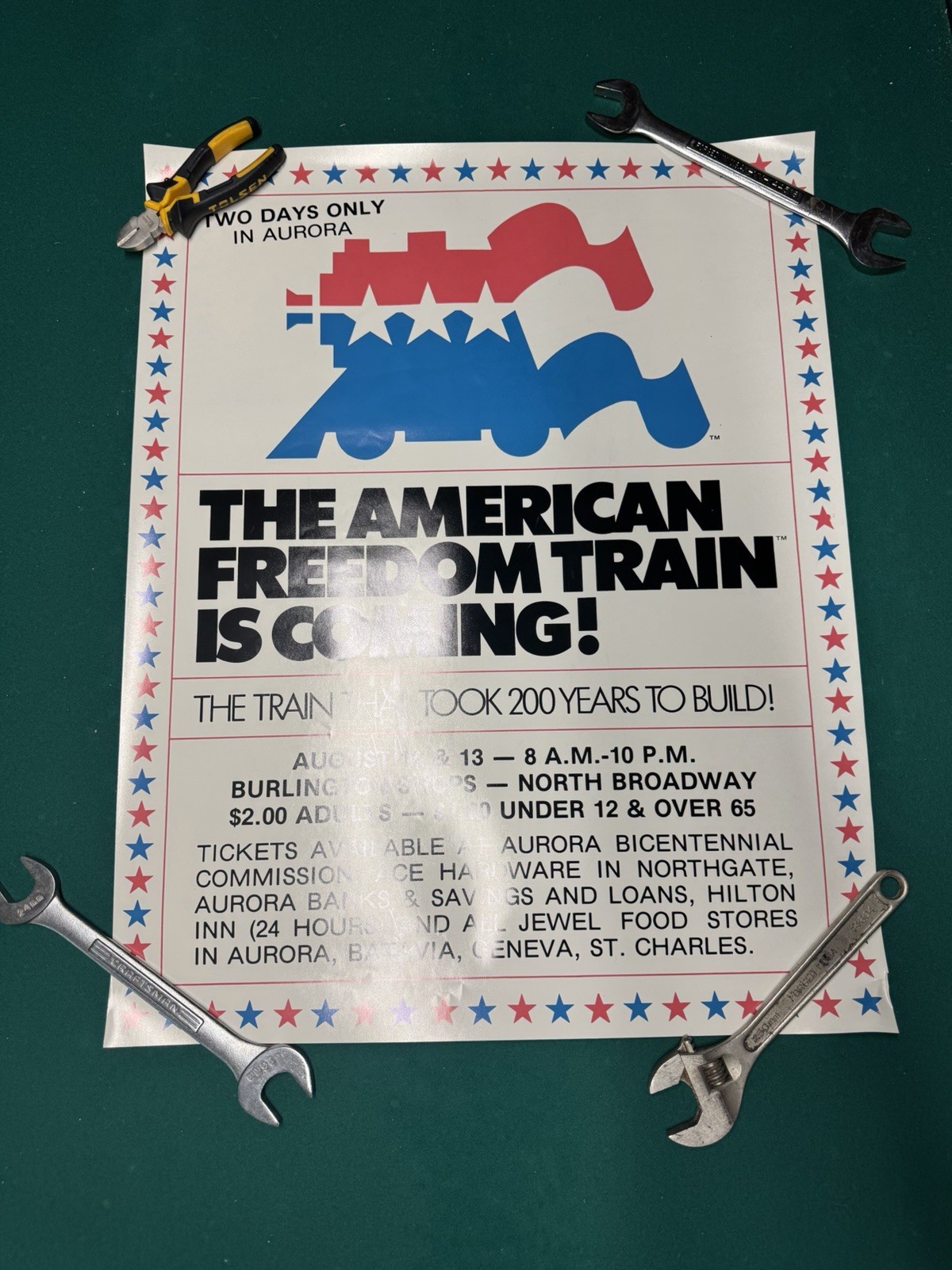 Vintage The American Freedom Train Poster - Aurora IL Bicentennial Visit 28”x22”