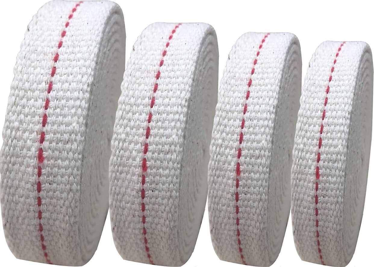 4 Rolls Oil Lamp Wick 1/2, 3/4, 7/8 Inch Flat Cotton Wick 6.5 Ft/roll Red Stitch