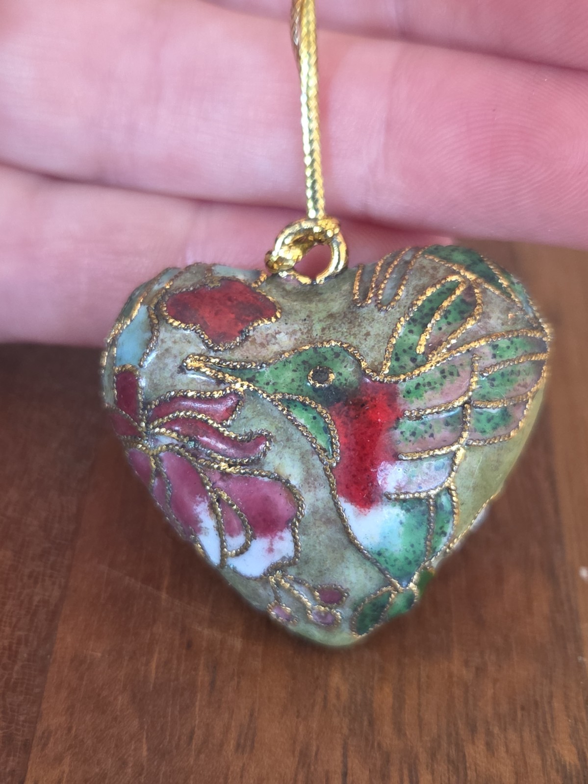 Vintage Hummingbird Floral Cloisonné Puffy Heart Ornament Enamel Gold