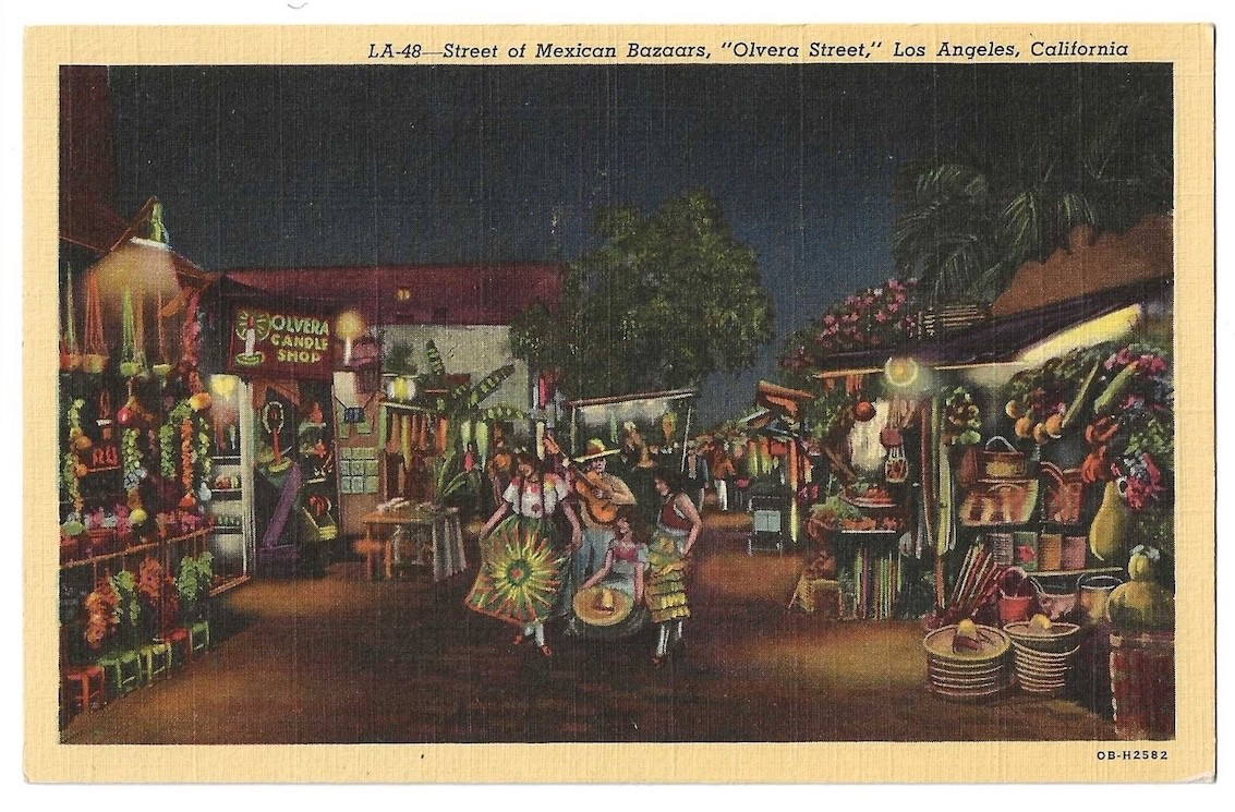 Olvera Street, Los Angeles California c1940's women, tourist Market at night Olvera Street, Los Angeles California c1940's women, tourist Market at night