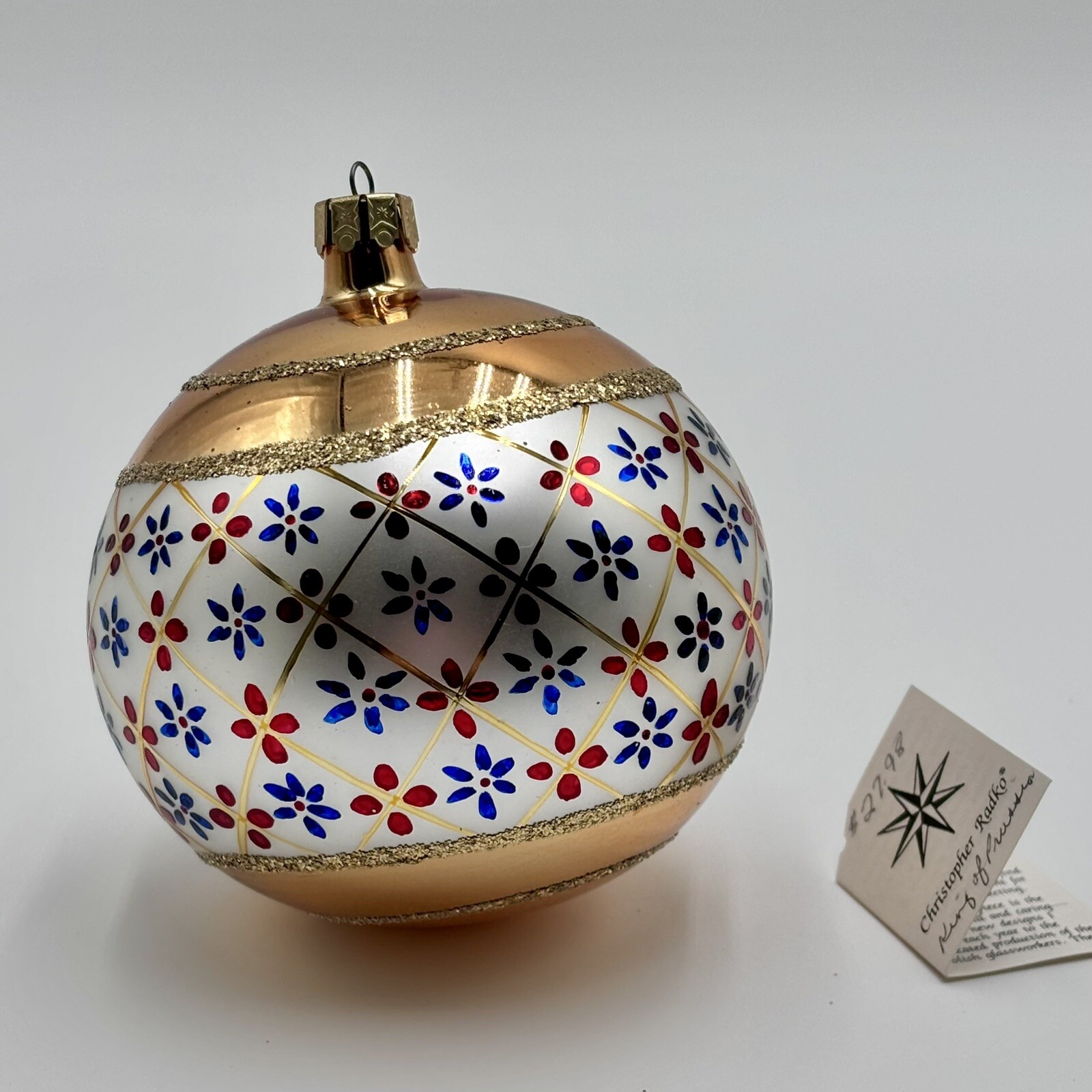Christopher Radko Blue Red Floral Round Glass Ball Ornament Gold Lattice 4 Christopher Radko Blue Red Floral Round Glass Ball Ornament Gold Lattice 4