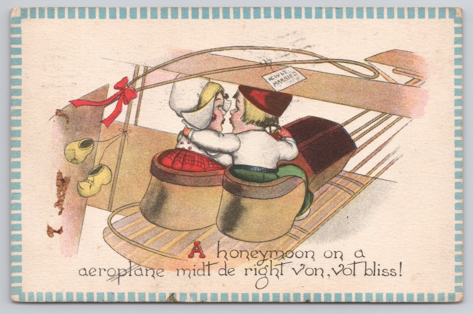 1910s Antique Dutch Honeymoon Biplane Postcard Wooden Shoes Stamp Newburg NH 1910s Antique Dutch Honeymoon Biplane Postcard Wooden Shoes Stamp Newburg NH