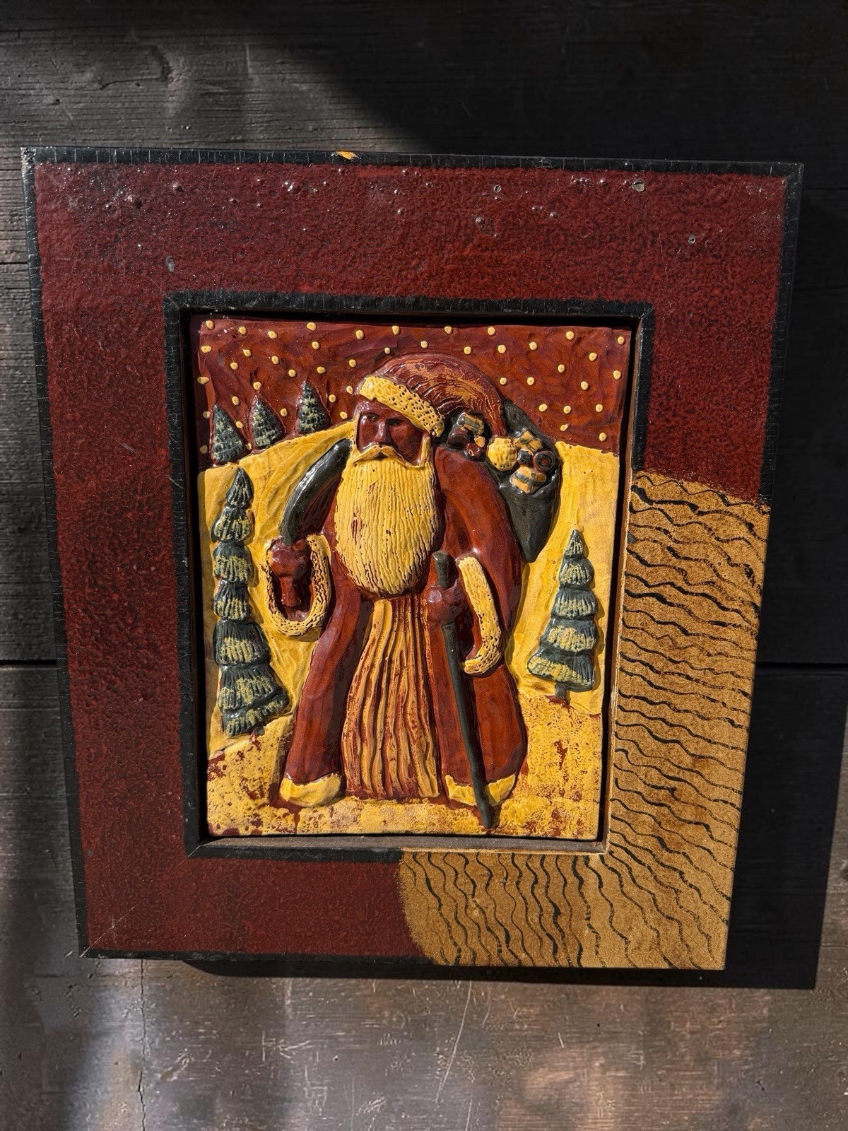 Vintage Eldreth Pottery Santa Relief Plaque Signed 1998 Folk Art Christmas Decor