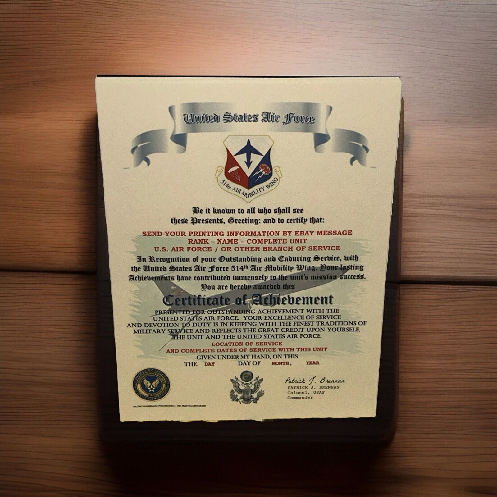 U.S.A.F. / A.F. 514TH AIR MOBILITY WING - CERTIFICATE OF ACHIEVEMENT