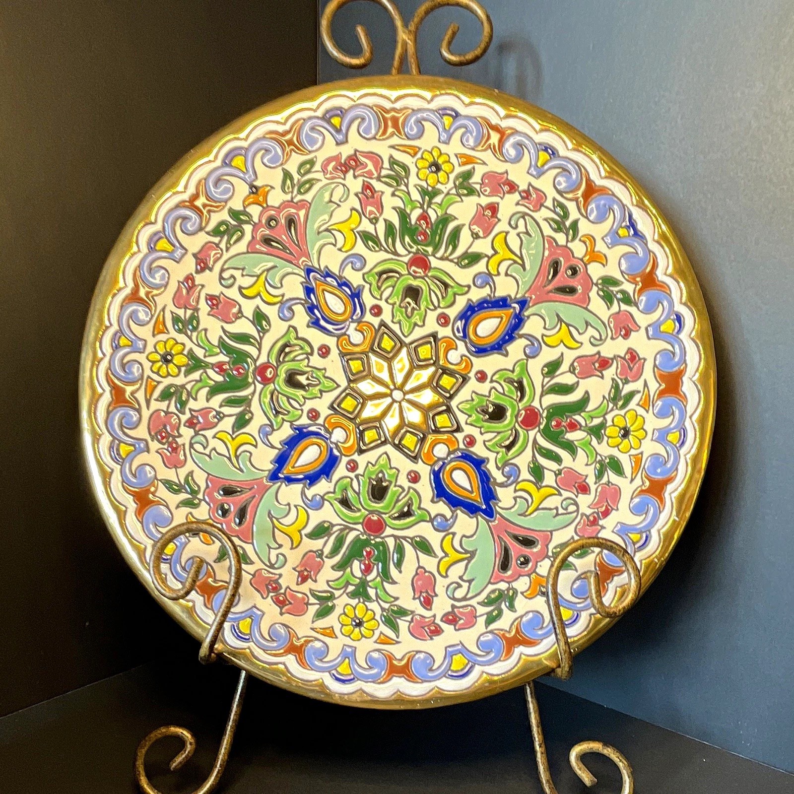 BIG 11” Vntg Sevilla Spain Hand Made Stunning Wall Art Plate 24K Gold &Enameled
